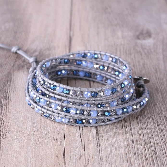 KELITCH Pearl Crystal Beads Bracelets Handmade Natural Leather 5 Wrap Bracelet for Women Classic Bangle Jewelry