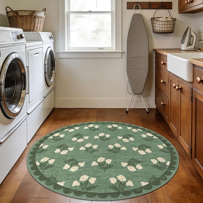Sage Green 3ft Entryway Round Rug - 3x3 Small Washable Boho Floral Scalloped Round Bathroom Rug Non Slip Front Door Mat Indoor Stain Resistant Circle Area Rugs for Bedroom Entryway Kitchen