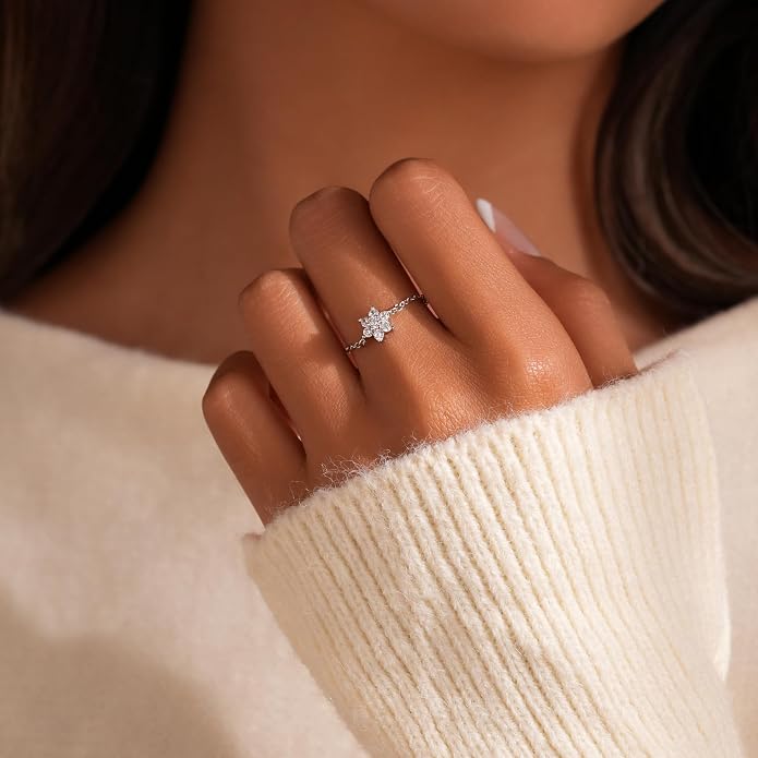 925 Sterling Silver Link Chain Fidget Rings with Dangle Bead Star for Women 14k Gold Plated Adjustable Sparkling Twist Rope Ring Stackable Line Finger Ring Jewelry Christmas Gifts for Mom