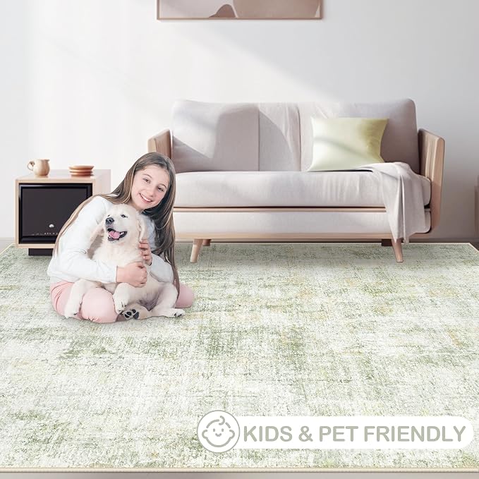 Area Rugs 6x9 Living Room: Washable Rug Modern Abstract Large Rugs Soft Non Slip Neutral Rug Indoor Carpet for Bedroom Kitchen Dining Room Nursery Home Office Rugs(Green Brown,6'x9')