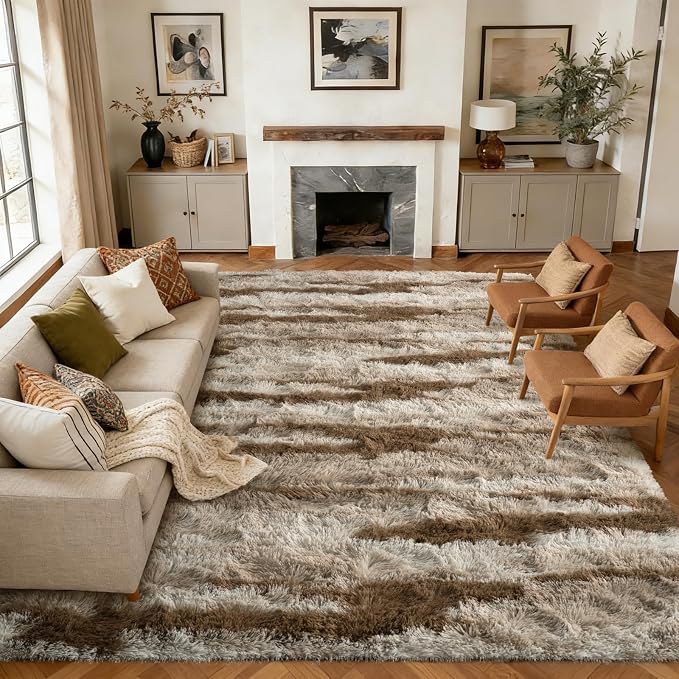 9x12 Extra Large Area Rugs for Living Room, Shaggy Non-Slip Tie-Dyed Rugs for Bedroom Kids Playroom Dorm Room, High Pile Ultra Soft Carpet, Khaki
