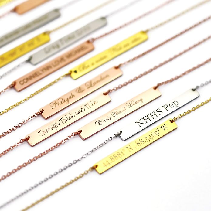 Lazycat Name Bar 18K Plated Bar Necklace,Engravable Name or Blessings Necklace