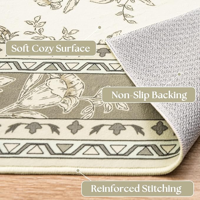 Neutral Beige Floral Area Rugs 6x9 Living Room, Taupe with Beige Tan Flower Design Low-Pile Washable Rugs for Bedroom Dining Room, Vintage Modern Farmhouse Boho Indoor Floor Carpet Kids Playroom