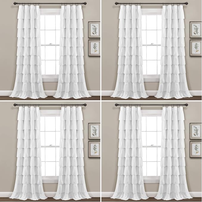 Lush Decor Ruffle Window Curtain - Vintage Chic Farmhouse Style Panel for Living, Dining Room, Bedroom (Single), 50”W x 84" L, White (Pack of 4)