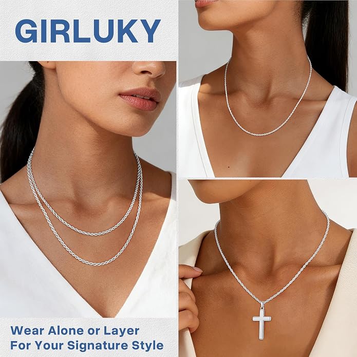 2mm Rope Chain 925 Sterling Silver Chain Necklace for Women, 14K Gold Plated Chains for Women Durable & Smooth Women's Chains Necklace, 16 18 20 22 24 26 Inch