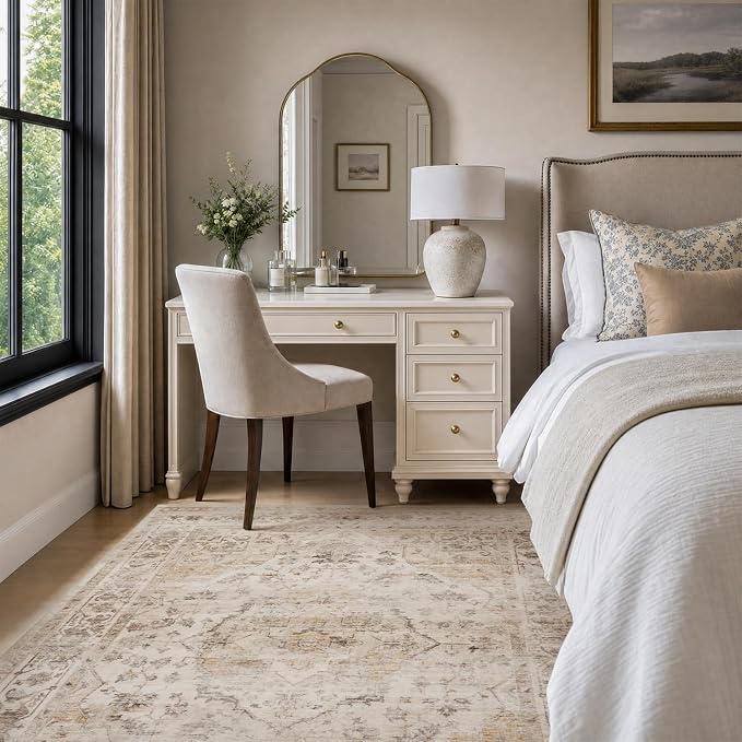 AMOAMI-3X5 Area Rug-Soft Washable Vintage Throw Accent Rugs for Living Room, Entryway, Bedroom, Kitchen, Bathroom, Laundry Room, Kitchen, Bathroom, Bedside, No Slip Beige