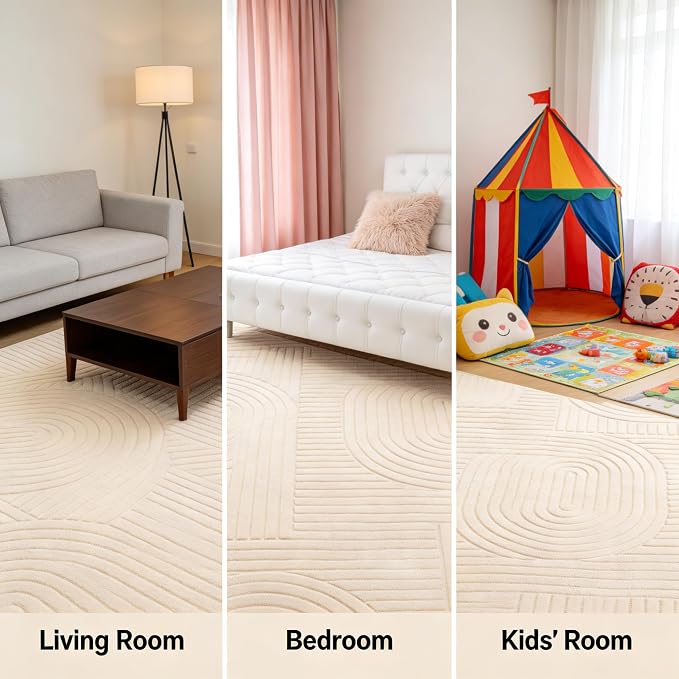 5x7 Beige Area Rug, Washable Rugs for Living Room Bedroom | Fluffy High-Low Pile Textured Rug with Modern Geometric Pattern, Ultra Soft Boho Carpet for Nursery, Kids Room, Home Office