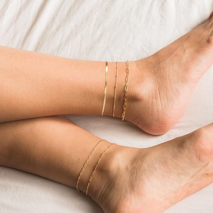 DEARMAY Gold Anklets for Women Waterproof, Non Tarnish14K Gold Plated Ankle Bracelets Set Stack, Summer Beach Jewelry Gifts for Vacation, Bikini Outfits for Women Mom Her