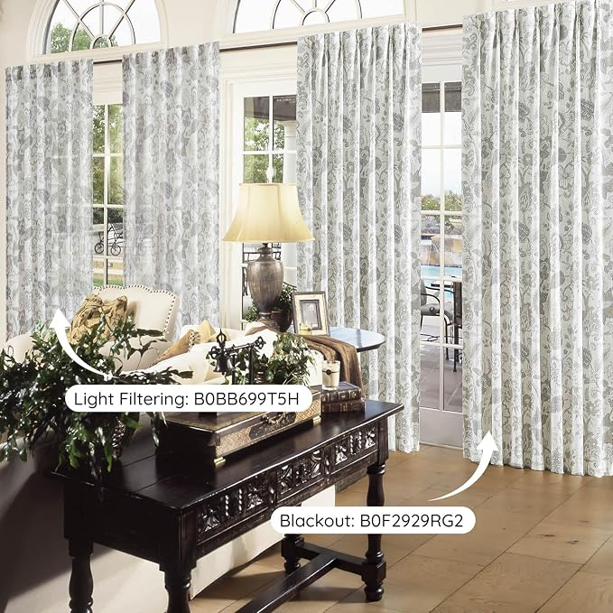 Kayne Studio Backtab Rod Pocket Jacobean Floral Semi Sheer Curtains Botanical Leaf Printed Vintage Farmhouse Curtains for Living Room Linen Grey Light Filtering Window Treatment Sets,52"x84",2 Panels