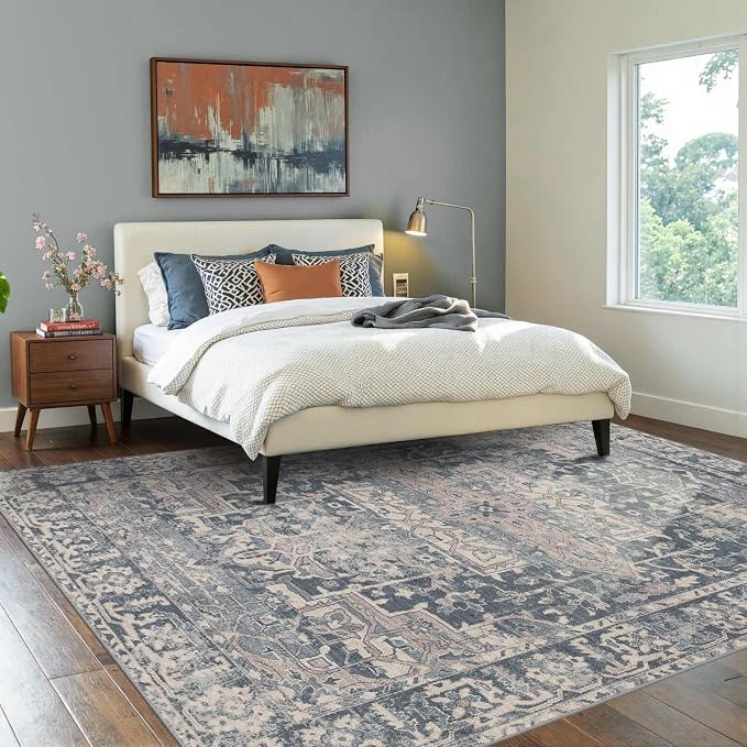 Rugxara Blue 6x9 Area Rugs Washable Rug for Living Room Dining Room Bedroom | Non Slip, Rug for Office Farmhouse Kids Room, Stain Resistant, Soft, Low Pile, Vintage Boho Floral Retro Carpet, Home Decor