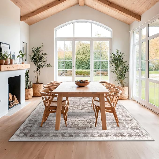 Hazo Haus Beige Farmhouse Washable 7x10 Area Rugs for Living Room, Bedroom, Dining Room Table, Vintage Floral Décor, Non-Slip Stain & Fade Resistant (7x10 Beige/Latte)