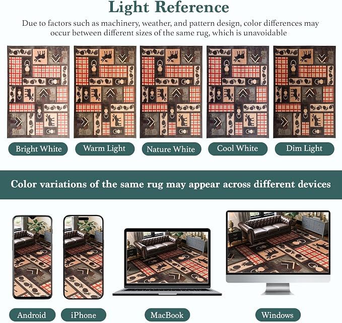 LIANLAM 9x12 Washable Area Rugs for Living Room and Bedroom(9x12,Deer) | Non-Slip Large Carpet,Vintage Checkered Pattern, Stain Resistant Faux Wool Low Pile Soft Rug for Dining Room,Office,Nursery