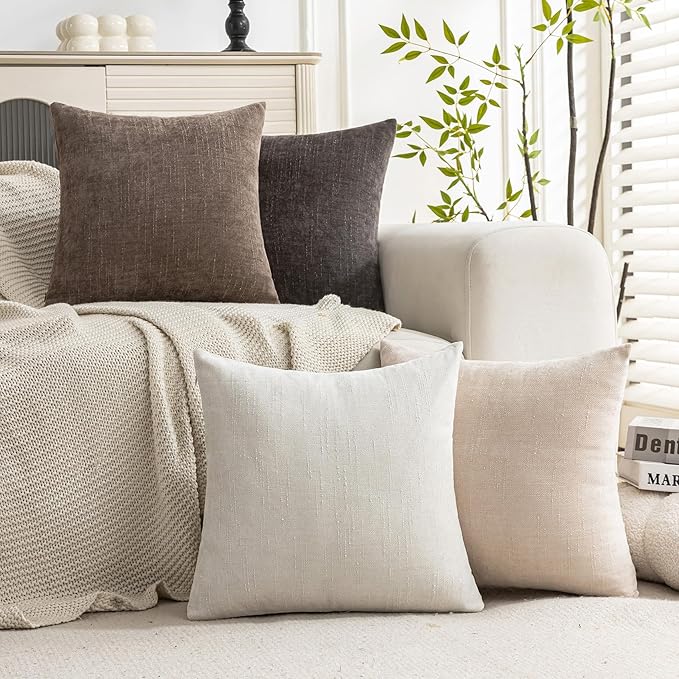 Set of 4 Soft Textured Decorative Throw Pillow Covers 16x16 Inch Cozy Farmhouse Cushion Cover Square Accent Pillow Cases for Bed Couch Sofa Living Room, Neutral