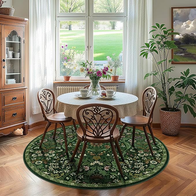 Round Rug 5ft Dark Green Washable Floral Circle Rug,Vintage Boho Botanical Round Area Rugs, Non-Slip Soft Low-Pile Circular Carpet for Bedroom,Kids Room,College Dorm,Home Decor