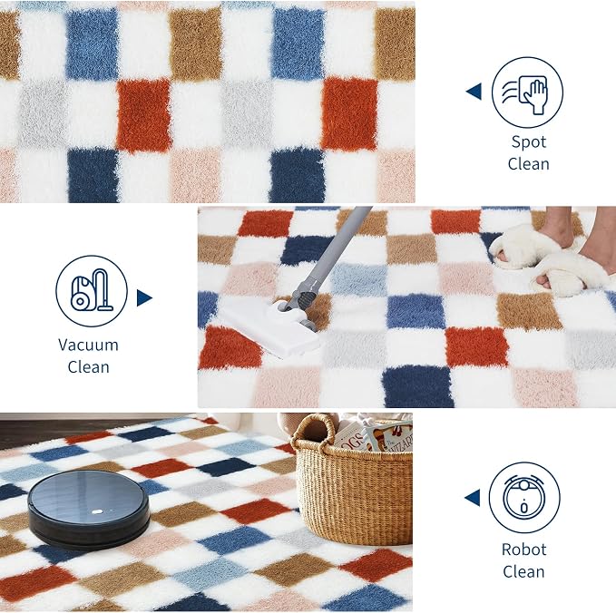 Garvee Plush Fuzzy 8x10 Area Rugs for Living Room, Washable Plush Checkered Rug for Bedroom, Modern Shag Rainbow Rugs Non Slip Soft Furry Large Carpet for Kids Room Nursery Home Decor