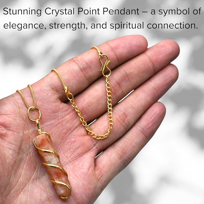 Amazing Gemstone Sunstone Crystal Necklace Pendant For Women, Gold Wire Wrapped Dainty Minimalist Healing Crystal Necklaces For Men Unisex Necklace Jewelry Adjustable Chain & Leather Cord