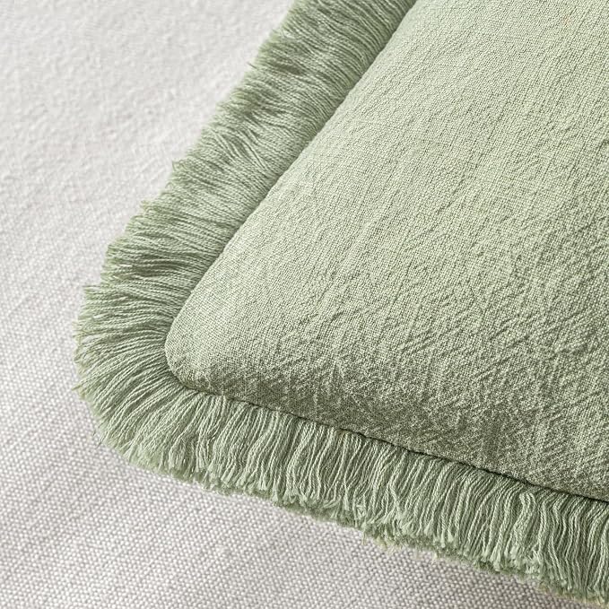 MIULEE Decorative Throw Pillow Covers Neutral Linen Fringe Throw Pillows Euro Shams Set of 2 Sage Green Boho Farmhouse Cushion Covers for Couch Sofa Bed Living Room Spring Home Decor 22x22 Inch