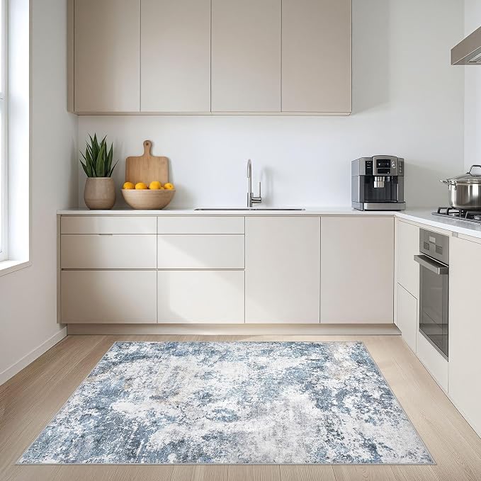 DMOYEST 4x6 Area Rug - Washable & Non Slip Indoor Rug for Living Room, Ultra Soft Abstract Low Pile Carpet, Kid & Pet Friendly Neutral Decor for Bedroom - Blue