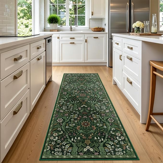 2x5 Washable Runner Rug,Dark Green Floral Boho Area Rug for Hallway,Low-Pile Non-Slip Stain Resistant Carpet for Kitchen, Bedside,Laundry Room,Entryway