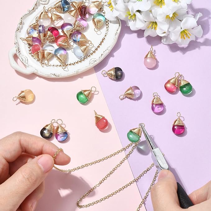 DanLingJewelry 50pcs Random Color Faceted Teardrop Glass Charms Crystal Glass Dangle Pendants with Wire Wrapped for Jewelry Making