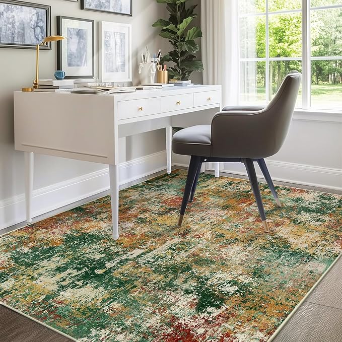RELEANY Washable Area Rugs 8'x10' Non-Slip Modern Abstract Soft for Living Room Entryway Bedroom Kitchen, Print Pattern, Green Orange Rust Red Cream Colorful