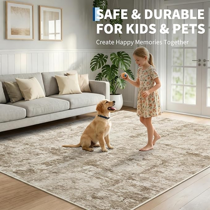 GarveeHome 5x7 Abstract Area Rug Neutral Washable Living Room Bedroom Rug | Large Modern Low Pile Non Slip Floor Mat Carpet Indoor Accent Rug for Dining Room Playroom Nursery Home Decor