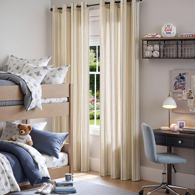 Vangao Linen Stripe Nursery Curtains for Kids Tickingstripe Light Filtering Window Curtains Colorful Pinstripe Printed Drapes 96 Inches Long for Living Room Boys Bedroom Colorful Green 2 Panels