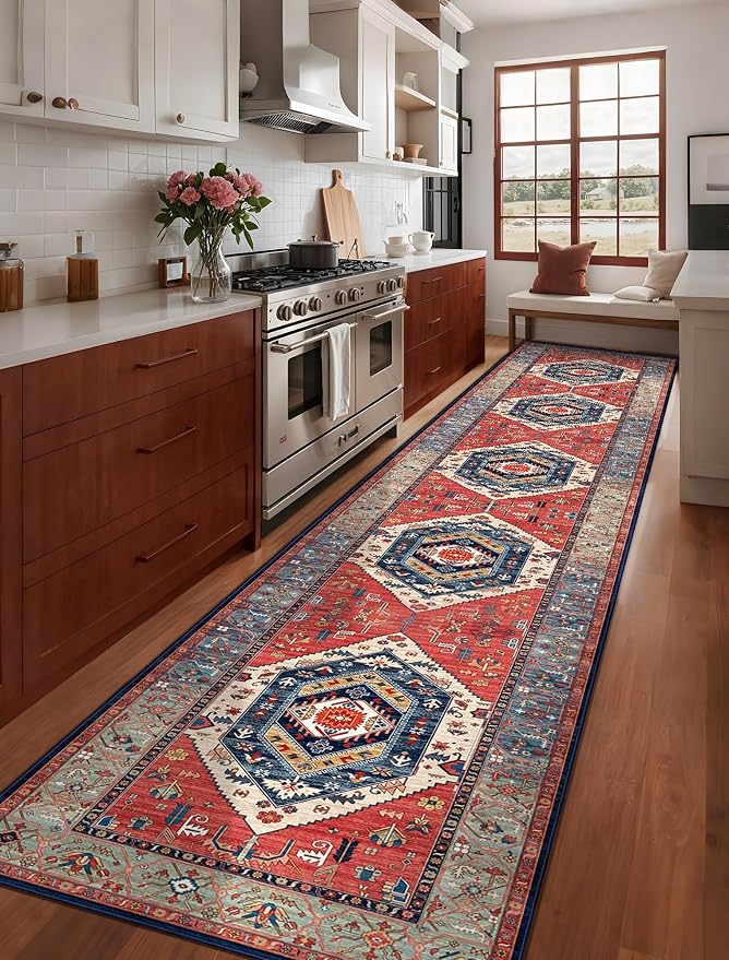 SERISSA Runner Rug for Hallways, 3x14 Washable Non Slip Kitchen Runner Rug, Extra Long Boho Rug Ultra Soft Vintage Rust Print Floor Carpet for Bedroom Hallway Entryway Bathroom Laundry Room