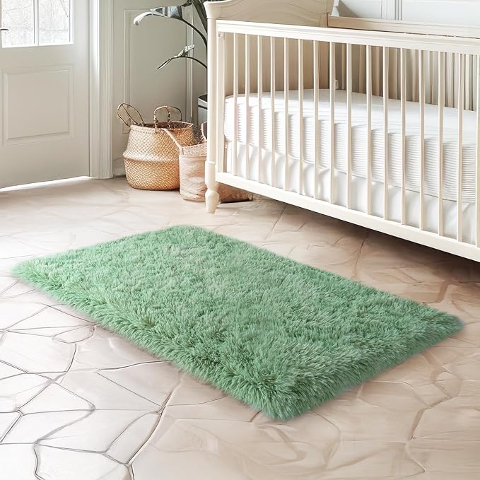 qulint Sage Green Rug for Bedroom, 2x3 Fluffy Area Rugs for Living Room | Shag Fuzzy Small Carpet, Soft Shaggy Alfombras for Besides Kids Boys and Girls Dorm Nursery Classroom Home Decor