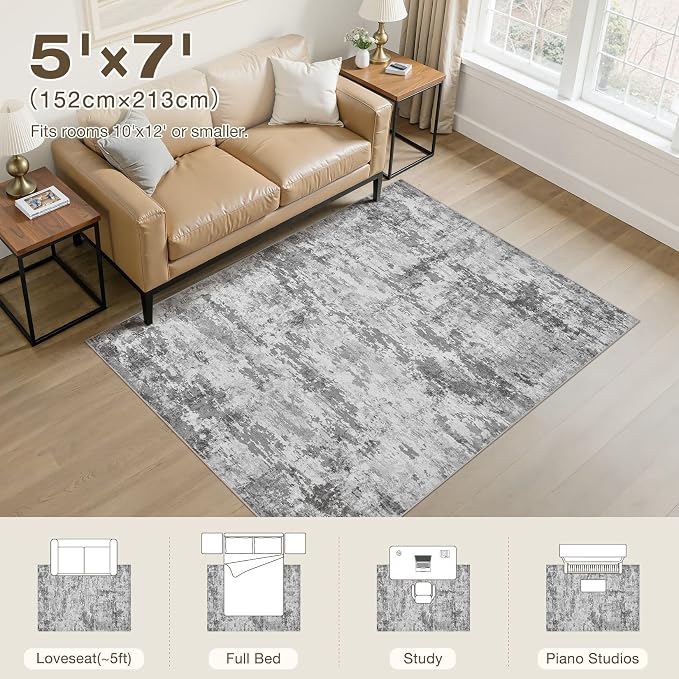 Area Rugs 5x7, Non Slip Low Pile Soft Washable Rug for Living Room | Modern Abstract Large Carpet, Stain Resistant and Pet Friendly, Made for Bedroom, Dining Room, Reading Nook - Dark Gray