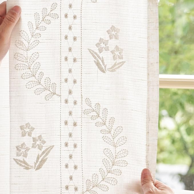 jinchan Floral Linen Curtains 63 Inch Farmhouse Back Tab 2 Panels White | Embroidered curtains,boho curtains,living room,bedroom,light filtering,privacy,flower patterned drapes,window treatment