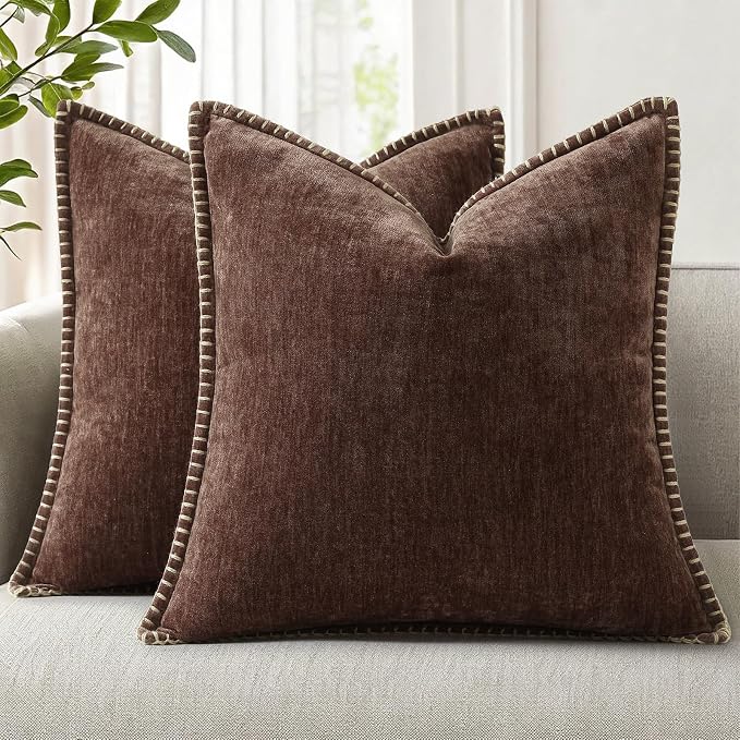 decorUhome Soft Chenille Throw Pillow Covers 18x18 Set of 2 Chocolate | Fall Textured Decorative Throw Pillow Cases Stitched Edge Modern Farmhouse Luxury Boho Velvet for Couch Sofa Bed Home Decor