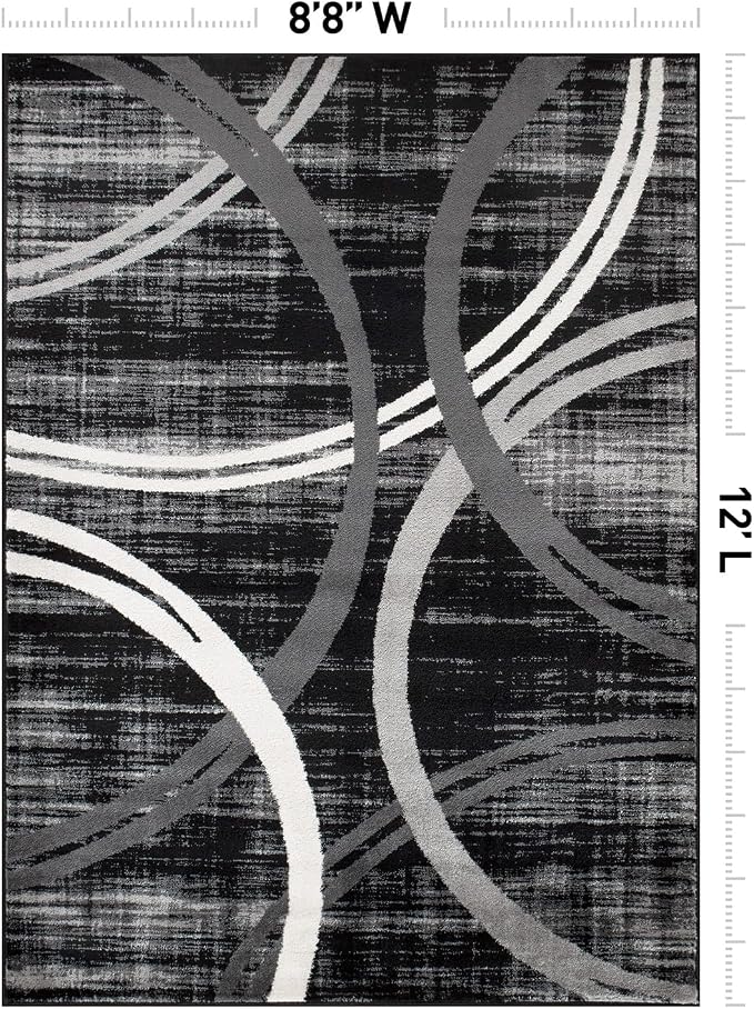 Rugshop Wavy Circles Modern Non-Shedding Large Area Rug Black 8'8" x 12'