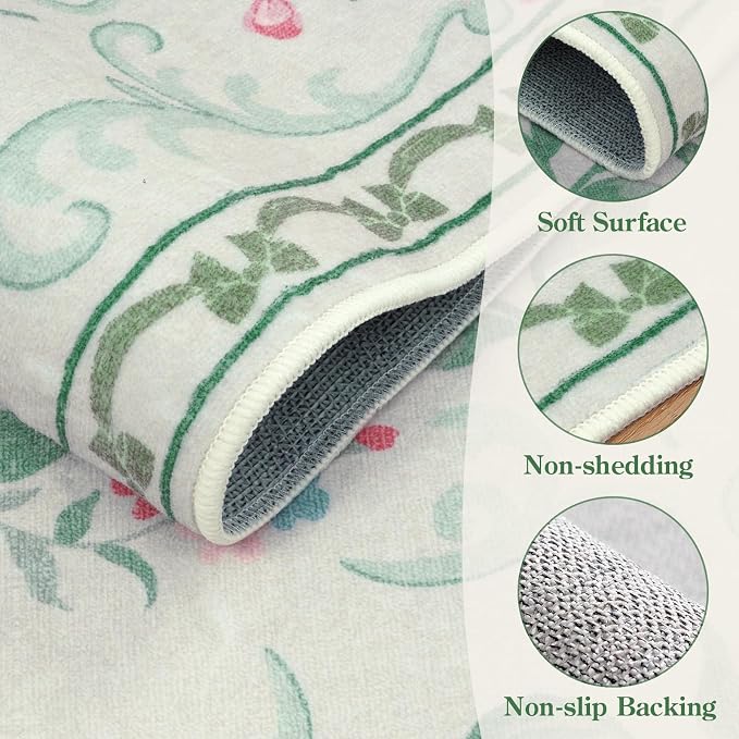 Collive Green Floral Rugs for Girls, 5x7 Washable Bow Area Rug for Living Room, Cute Ultra-Thin Non Slip Indoor Decor Carpet for Nursery Kids Room Bedroom Playroom (Green 5' x 7')