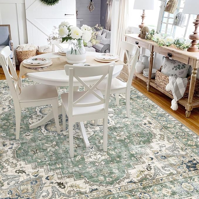 LUXRUG Washable Area Rug 5x7 - Boho Living Room Rug Stain Resistant Soft Bedroom Rug Ultra-Thin Sage Green Vintage Oriental Farmhouse Dining Room Rugs for Under Table Indoor Carpet for Living Room