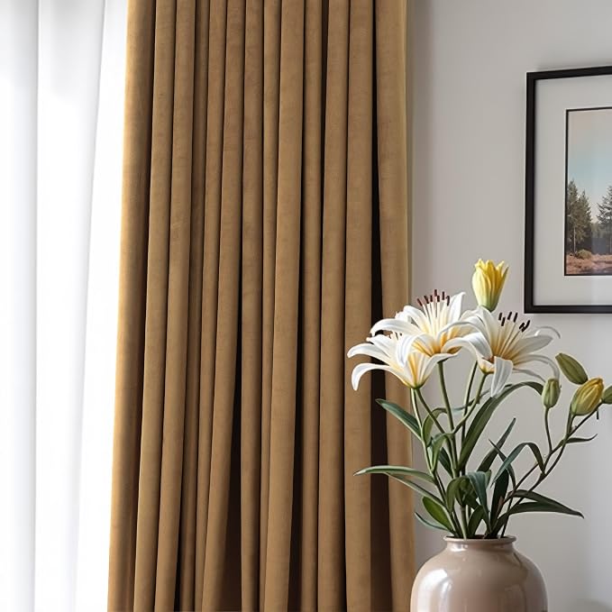 Gold Brown Velvet Curtains 96 Inches Long for Bedroom 2 Panel Back Tab Rod Pocket Vintage Heavy Thick Thermal Insulated Light Reducing Floor to Ceiling Drape for Living Room 8FT Length Noise Reducing