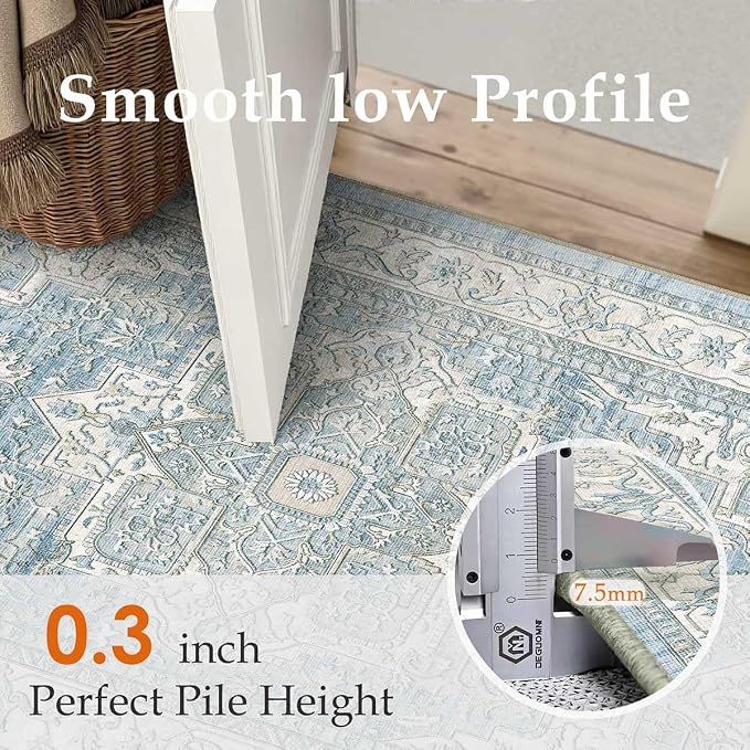 4x6 Washable Vintage Area Rug Blue Oriental Soft Entryway Throw Rug Neutral Non Slip Low Pile Small Carpet for Kitchen Bathroom Living Room Bedroom