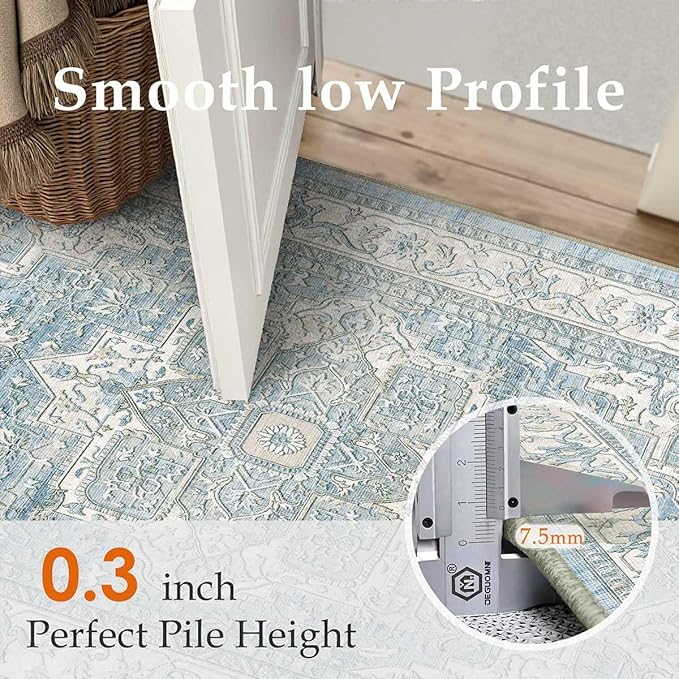 6x9 Washable Vintage Area Rug Blue Oriental Living Room Bedroom Throw Rug Neutral Non Slip Soft Low Pile Carpet for Dining Room Office Nursery Indoor