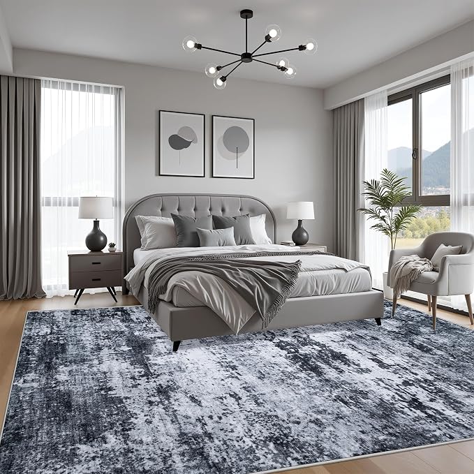 9x12 Area Rug Living Room Rug: Washable Modern Abstract Soft Thin Rug Indoor Floor No Slip Stain Resistant Carpet for Bedroom Dining Room Farmhouse Nursery Home Office - Black