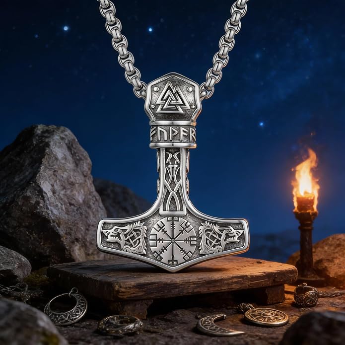 Thors Hammer Necklace 18K White Gold Plated Viking Mjolnir Necklace Oxidize Norse Runes Amulet Jewelry gifts for Women Mom