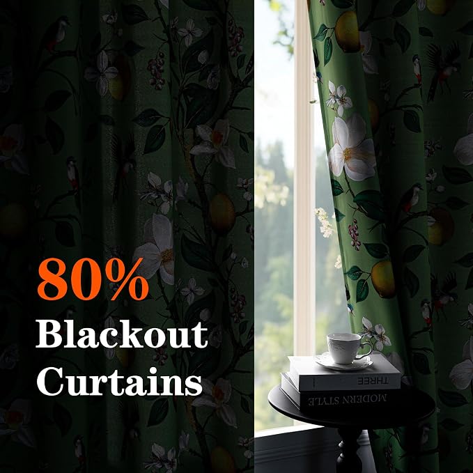 MYSKY HOME Floral Blackout Curtains 95 Inch Long for Living Room Vintage Farmhouse Room Darkening for Dining Room Bedroom Lemon Hummingbird Patterned Thermal Insulated Drapes, Pack-2, W52, Sage Green