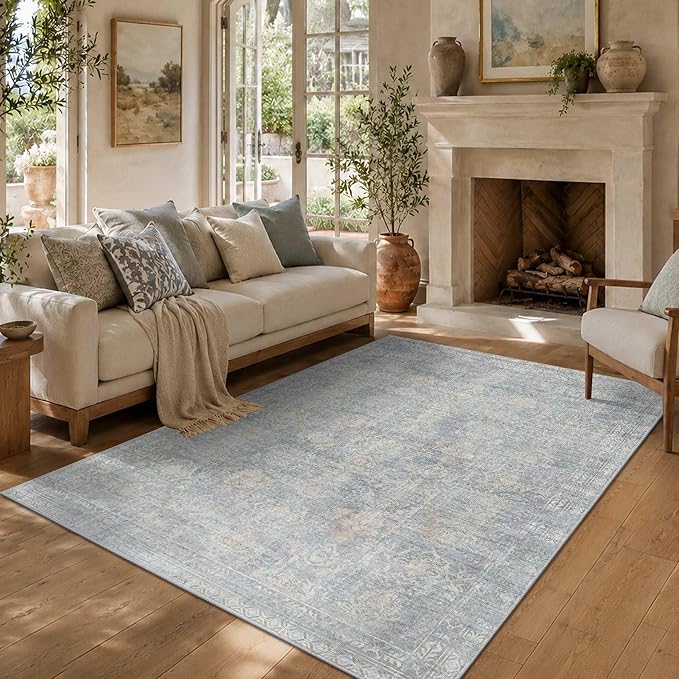 Rugxara 5x7 Area Rugs Washable Rug for Living Room Bedroom, Blue/Beige | Non Slip, Rug for Dining Room Dorm Office Farmhouse, Stain Resistant, Soft, Vintage Boho Carpet, Low Pile, Home Decor
