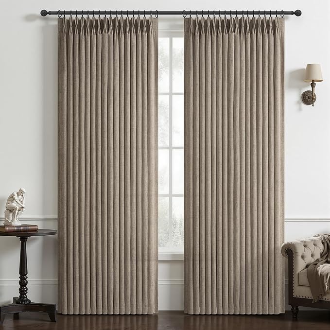 Extra Long 132 Inch Semi Sheer Dark Flax Curtains for Living Room, Memory Trained Pinch Pleated Natural Linen Light Filtering Floor Length 11 FT Large Curtain Brown Rustic Window Drapes 2 Panels Set