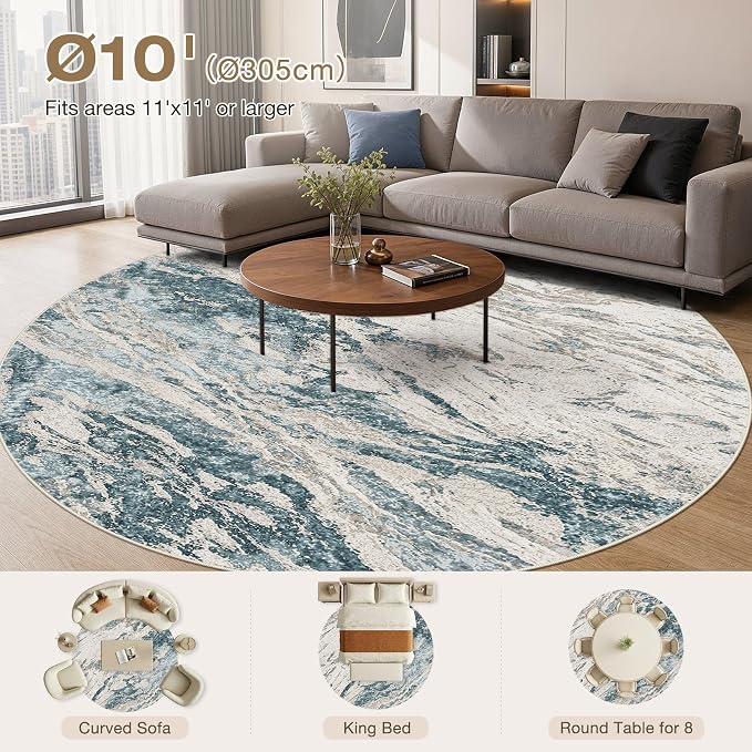 Area Rugs for Living Room: 10ft Round Abstract Washable Rug Modern Neutral Large Soft Stain Resistant Non-Slip for Bedroom Dining Room Indoor Home Office Carpet - Blue Brown