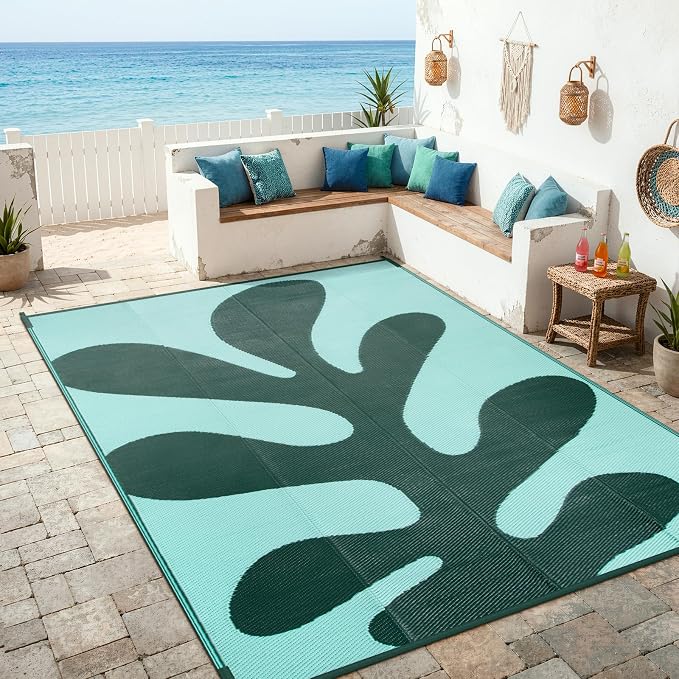 Lahome Green Outdoor Rug 8x10 Waterproof, Coral Sea Funky Pool Rv Rugs for Outside, Portable Plastic Straw Camping Carpet for Beach Picnic Patio Deck Porch, Green 8'x10'