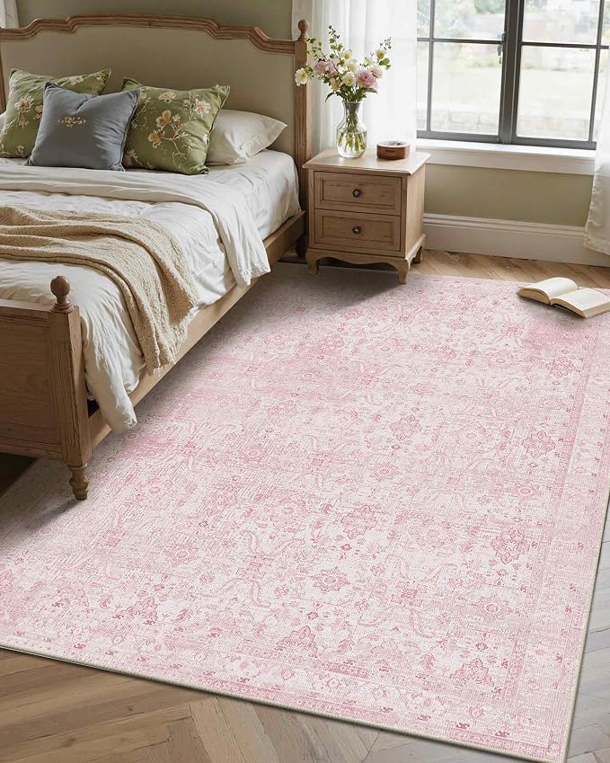 Rugxara Pink 4x6 Area Rug Washable Rug for Bedroom Nursery Girls Room | Non Slip, Throw Rug for Living Room Kids Room Entryway Dining, Stain Resistant, Soft, Low Pile, Vintage Boho Floral Carpet