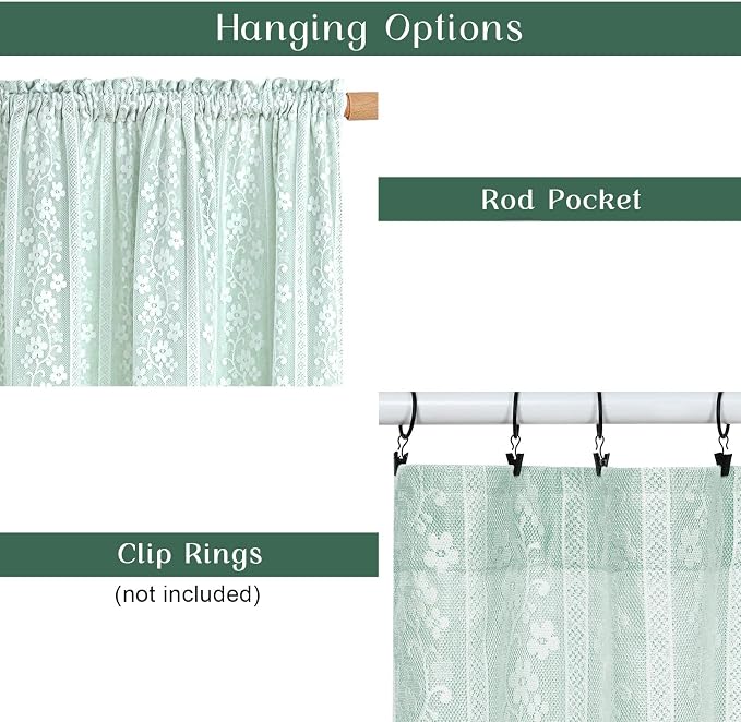 ASPMIZ Linen Farmhouse Kitchen Curtains, Double Layer Valances for Windows with Linen and Lace, Rustic Curtains for Bathroom Window, Cafe Curtain 18 Inch Length Rod Pocket, 52 x 18, Mint Green