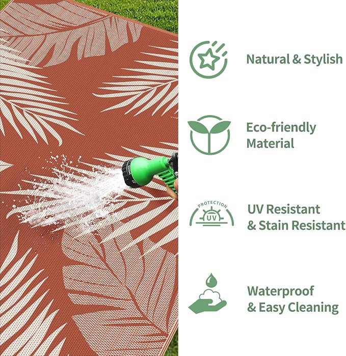 GENIMO Outdoor Rug, Waterproof Plastic Rugs for Patio, 8'x10' Brick Red | Outside Larger Leaf Carpet Mat for Porch Decor, Deck, Balcony, Camping, RV, Backyard, Picnic, Beach, Reversible, Foldable