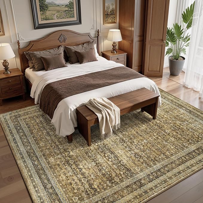 9x12 Washable Area Rugs for Living Room Bedroom, Non-Slip Large Rugs | Vintage Distressed Retro; Low Pile; Stain Resistant; Neutral Boho Carpet for Dining Room, Nursery, Home Office; Caramel Brown
