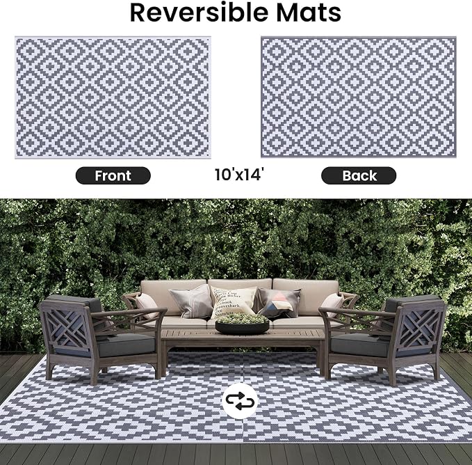 Smiry Waterproof Outdoor Rug 10X14 ft, Reversible Plastic Straw Patio Camping Rugs, Outdoor Indoor RV Mat Carpet for Patio, Outside Entry, Backyard, Deck, Bench, Picnic, Camper, White & Grey